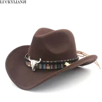Luckylianji Kind Kid Jongen Meisje Wol Vilt 100% Western Cowboy Hat Wide Brim Cowgirl Cow Head Leather Band (One Size: 54cm)