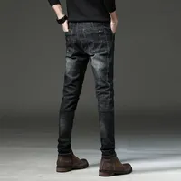 メンズジーンズメンズブラック2021ファッション男性カジュアルスリムスキニーストレートバイカー弾性足腰ロングズボン722