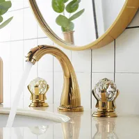 Havza muslukları mikser altın pirinç banyo lavabo musluk 3 delik kristal çift saplı sıcak ve soğuk su altın banyo küvet musluk1
