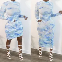 Casual Dresses 2022 Women Tie Dye Print Long Sleeve Bodycon Midi Stacked Sexy Party Club Maxi Dress Double Wear Bandage