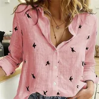 カジュアルな長袖の鳥プリント緩いシャツの女性の綿のリネンブラウストップスヴィンテージストリートウェアプラスサイズ5xl