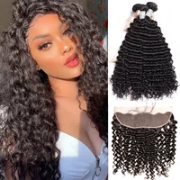 9A Grade Brazilian Human Hair Bundle Deep Curly 3 Bundles With 13x4 Lace front Hair Weaves 10-30 inch
