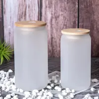US Warehouse Sublimation Glass Becher mit Bambusdeckel Stroh Stroh DIY Blanks Frosted Clear Can Fored Bumblers Tassen Wärme Übertragung 12oz 16oz Cocktail Iced Coffee Soda
