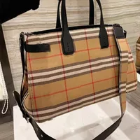 Kvinnor handväska tote bag stor kapacitet axel shoppingkassar mode tartan canvas äkta läder patchwork färg crossbody purse detchable rem 53666