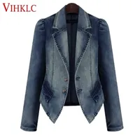 Primavera feminino jeans blazer jeans casaco magro bombardeiro jaqueta giro para baixo jaqueta de colarinho casaco feminino mulheres casaco básico M-5XL T538 201201