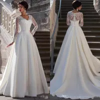 2020 Modest Lace Appliqued A-Line A-Line Satin Dress da sposa a buon mercato Sweetheart Neck Sheer Back Cap Manica lunga Plus Size Bridal Gown DWJ0310