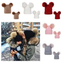 with 2 Pom Balls Crochet Beanies Ribbed Knit Womens Winter Hat 0-3 Years Infants Baby Kids Toddler Skull Caps Tuque Girls Headwear E101904