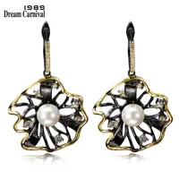DreamCarnival 1989 Lotus Flower Earrings Hollow Created Pearl CZ Black Gold Color Hip Hop Pendientes tipo gota Parties Jewelries 220214