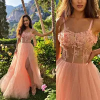 2022 Pink Prom Dresses Spagetti Straps Sleeveless Pearls Beaded Handmade Flowers A Line Sexy Illusion Top Side Slit Custom Made Formal Evening Party Gowns vestidos