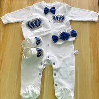 Baby Rompers Girls Boys Infant Cotton Clothes 4Pcs Set Hat Shoes Gloves Welcome Newborn Crown Jewelry Angel Wing Pajamas OUtfit1