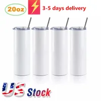 US STOCK 2 Days Delivery 20oz Sublimartion Straight tumblers with Steel Straw Rubber Bottoms Stainless Steel tumbler Coffee Mug Sublimation Blanks Water Bottle