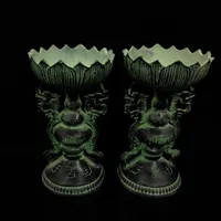 중국 골동품 청동 쌍 로터스 모델 촛대 동상 QT015