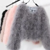 sexy Ostrich wool turkey real fur women black coat genuine feather short plus size 5XL,7XL winter festival long sleeve jacket 210204