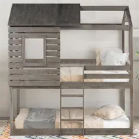 US Stock Bedroom Furniture Twin Over Bunk Bed Wood Loft Bed with Roof, Window, Guardrail, Ladder ( Antique Gray ) a13205M