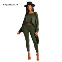 Anjamanor عارضة مثير النساء قطعتين ملابس الخريف الشتاء 2019 المحاصيل الأعلى هوديي السراويل طماق 2 قطعة مطابقة مجموعات D36-AD54 T200702