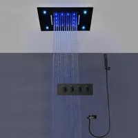 욕실 검은 샤워 세트 다채로운 LED 강수량 폭포 멀티 기능 샤워 헤드 패널 숨겨진 온도 조절 믹서 수도꼭지