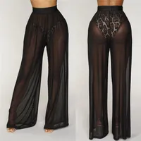 Sarongs 2022 Summer Sexy Hollow Bikini Cover Up Solid Pants Women Beach Mesh Sheer Trousers