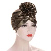 imixlot 새로운 패션 반짝이 실크 주름 헝겊 이마 큰 꽃 터번 모자 여성 이슬람 스트레치 헤드 랩 보닛 hat1