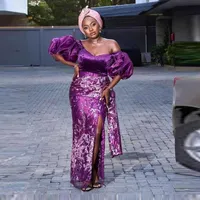 Aso Ebi Style Off Shoulder Prom Dresses 2022 Purple Lace Sexy Front Split Plus Size African Women Formal Evening Occasion Gowns CG001