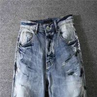 Men's Jeans High Street Famous Amr Designer Patchwork Pocket Zipper Washed Blue Man Pants Streetwear Trousers Clothing MO98