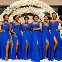Royal Blue Chiffon Lace Bridesmaid Dresses A Line Sheer Neck Cap Sleeve Appliques Top Front Split Long Maid of Honor Gowns Plus Size African Wedding Guest Dresses