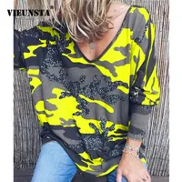 Vieunsta Bayan Giyim Artı Boyutu V Yaka Baskı Bluz Gömlek Kadınlar Uzun Kollu Sonbahar Blusa Rahat Gevşek Streetwear Top 5XL Y200103