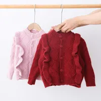 Пуловер Корейский Детский Кардиган вязаный Одежда для девочек Прекрасные оборки Проверено Свитер Малыш цвет красный розовый1