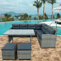 Topmax 6 pezzi Mobili da giardino Set di divano componibile all'aperto con tavola di vetro Ottomani per piscina Backyard Lawna03