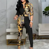 Women&#039;s Two Piece Pants 2021 Fashion Women Chic Set Outfits Letter Print Colorblock Knot Front Buttoned Top & High Waist