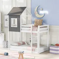 US Stock Bedroom Furniture Twin over Low Bunk Bed, House Bed with Roof, Gray and White SM000236AAE a01