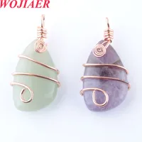 WOJIAER Natural Stone Copper Wire Wrap Pendant Irregular Bead Rose Gold Necklace for Women Men Reiki Healing Jewelry Gift BO915