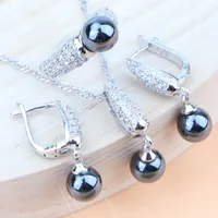 Conjuntos de joyas de boda de perlas negras redondas Disfraz de plata 925 joyería mujer anillo circón colgante pendiente pendiente nupcial collar de bridales