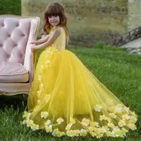 2021 Nieuwe Luxe Kleine Meisjes Pageant Jurken Kant 3D Floral Geappliceerd Kralen Juweel Neck Lace Flower Girl Dress for Wedding Party Towns Prince