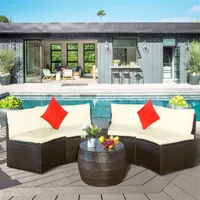 TopMax 4-teile Terrasse Möbel Sets Outdoor Half-Moon Sektionalmöbel Wicker Sofa Set mit zwei Kissen und Couchtisch Beige Kissen Braun US A31
