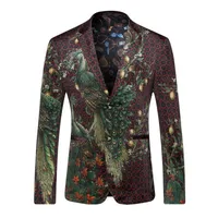 Men&#039;s Suits & Blazers Blazer Men 2021 Peacock Printed Casual Suit Jacket Slim Fit Homens Mens Stage Wear Brand Coat Q2051