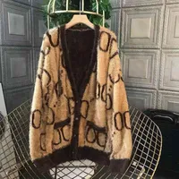 Designer Hochwertige Frauenfell MOH Gepolsterte Pullover Mantel 2021 Herbst und Winter Jacquard V-Ausschnitt Strickjacke Mode Top
