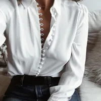 Croppy мода повседневная сплошной цвет женские офисные вершины сексуальные кнопки длинные рукавы блузка новая весна женщины шифон белая рубашка Y200103