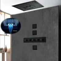 2020 년 고급스러운 블랙 천장 샤워 세트 비 최고 샤워기 원격 제어 색상 변경 LED 샤워 패널 바디 제트 4 인치 마사지 목욕