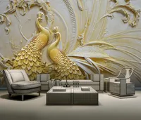 Peinture murale sur mesure 3D Wallpaper Salon Chambre Sofa 3D Relief d'or Fond paon peint photo Fond d'écran