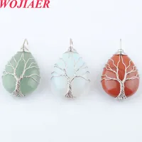 WOJIAER Natural Stone Pendants Silver-color Tree of Life Wire Wrapped Water Drop Shape for Women Men Necklace Jewelry BO912