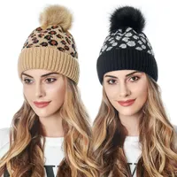 LeoPard Print вязаная шапка Pompon Cap Женщины осень зима теплая шерстяная шляпа мода все-матч для волос шарика