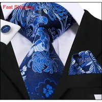 Hi-tie 100% Seide blaue Krawatte Set Business Männer Blume Muster Krawatte Taschentuch Manschettenknöpfe Set Krawatten für Männer Hochzeit Teil Qylzwq Queen66