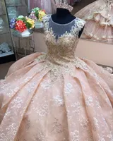 Pink Scoop Neck Lace Beaded Quinceanera Dresses Applique Tiered Skirt Ball Sweet 16 Prom Gowns vestidos de 15 años