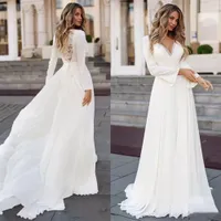 New Year's Wedding Dresses Long Sleeve Boho 2022 Illusion Lace Back Simple V-Neck Appliques Bridal Gown Sashes Vintage Bohemian