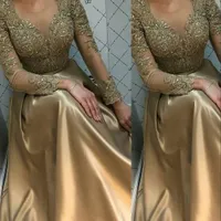 2022 Arabic Gold Evening Dresses Wear Jewel Neck Illusion Lace Appliques Crystal Beads Custom Sexy Prom Long Sleeves Robe De Marrige Sweep Train Gowns