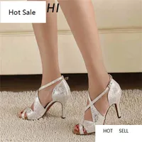 Women's White Satin Leopard Latin Dance Shoes Groothandel Spot Salsa Party Square Dance Shoes High Heels 8.5cm