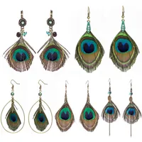 2019 Women&#039;s Feather earring Ethnic Round Wooden Beads Peacock Feather Long tassel earrings for women Vintage Bohemian jewelry G220312