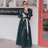 Women's Trench Coats Windbreaker Female 2022 Spring Autumn Dark Green Contrast Stitching Suit Collar Double Breasted Long Coat ZS2