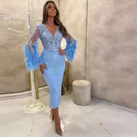 2021 New Sexy Sky Blue Cocktail Dresses V Neck Lace Appliques With Feather Long Sleeves Short Sheath Celebrity Prom Party Homecoming Gowns