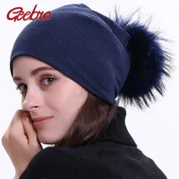 Geebro Women's Winter Beanie Knitted Ribbed Beanies Hat with Pompom Cap Solid Color Slouch Hats Skullies chapeu feminino DQ42 220118